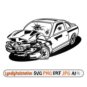 May include: A black and white illustration of a wrecked car with a shattered windshield and bullet holes. The car is facing the left side of the image and is tilted to the right. The car is on a black and white dotted background.