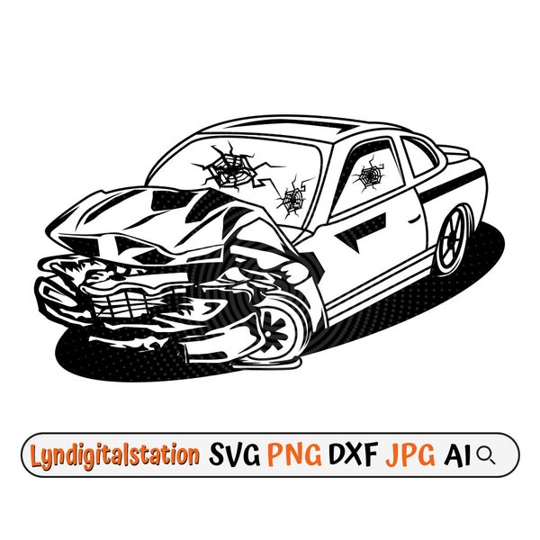 Car Wrecked Svg | Smashed Car Clipart | Car Accident Cut File | Car Crash Stencil | Damaged Vehicle T-shirt Design | Car Collision Dxf | Png