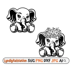 Baby Elephang Svg | Cute Baby Elephant Clipart | Floral Calf Cut File | Little Elephant Stencil | Elephant Sitting Tshirt Design | Dxf | Png