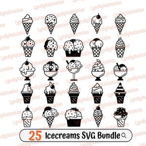 25 Ice Creams Bundles Svg | Summer Clipart | Ice Cream Cut File | Melting Ice Cream Stencil | Ice Cream Cone T-shirt Design | Dxf | Png