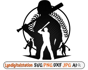 May include: Black and white silhouette of a baseball player holding a bat, standing in front of a baseball with a circular pattern. The player is surrounded by other players in the background.