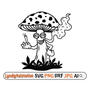 May include: Black and white line art illustration of a cartoon mushroom with a human-like face smoking a joint. The mushroom is wearing a glove on one hand and has a mischievous expression. The mushroom is surrounded by leaves.