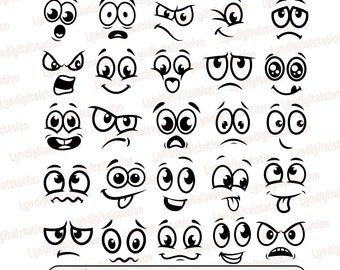 25 Cartoon Faces Svg | Facial Expression Clipart | Face Emotion Cut File | Cute Faces Stencil | Cartoon Emoticon T-shirt Design | Dxf | Png