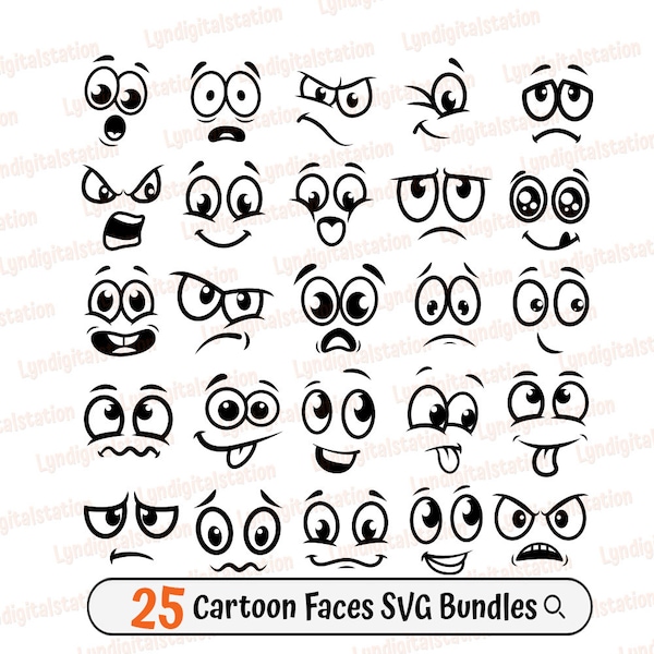 25 Cartoon Faces Svg | Facial Expression Clipart | Face Emotion Cut File | Cute Faces Stencil | Cartoon Emoticon T-shirt Design | Dxf | Png