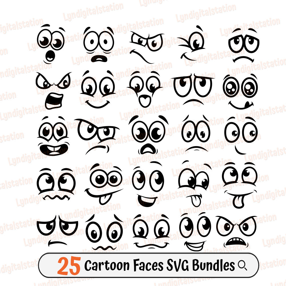 25 Cartoon-Gesichter | Ausdruck Gesichtsausdruck Clipart | Gesicht Emotion Schnittdatei | Niedliche Gesichter Schablone | Cartoon Emoticon T-Shirt Design | Dxf | Png