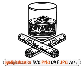 Whiskey and Cigar Svg | Whisky Glass Clipart | Cigar Cut File | Alcohol Drink Stencil | Whisky Tshirt Design | Beverage Dxf | Cigarette Png