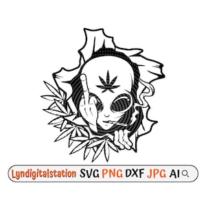 May include: Black and white illustration of an alien with a marijuana leaf on its forehead, giving the middle finger and smoking a joint. The alien is peeking out of a torn piece of paper.