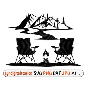 May include: Black and white silhouette of two camping chairs facing a campfire in front of a mountain range with a river flowing through it.