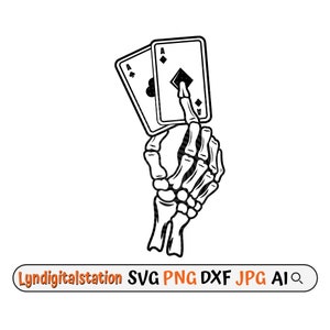 Main squelette avec cartes Svg | Clipart de main d'as mort | Fichier de coupe de jeu | Pochoir de cartes à jouer | Design de T-shirt Joueur | PokerDxf | PNG