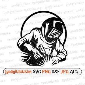 Może przedstawiać: Czarno-biała ilustracja spawacza w masce spawalniczej, spawającego metalowy przedmiot. Obrazek jest umieszczony na okrągłym tle z kropkowanym wzorem.