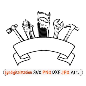 May include: Black and white illustration of various tools, including a hammer, pliers, saw, wrench, and another hammer, arranged above a banner. The image includes the text "Lyndigitalstation SVG PNG DXF JPG AI".