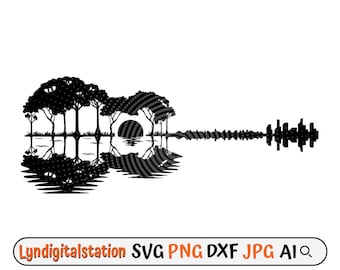 Forest Guitar Svg | Sunset Scene Clipart |  Golden Hour Guitar Cut File | Sundown Reflection Stencil | Music Lover Tshirt Design | Dxf | Png