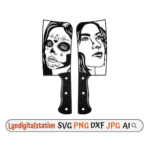 Knife Sugar Skull Svg | Knife with Dead Lady Clipart | La Muerta Knife Cut File | 2 Knives Stencil | Women in Knife shirt Design | Dxf | Png