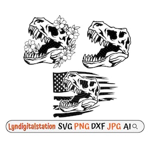 T-Rex Skull Svg | US T-Rex Skeleton Clipart | Floral T-Rex Skull Cut File | Tyrannosaurus Stencil | Animal Remains Tshirt Design | Dxf | Png