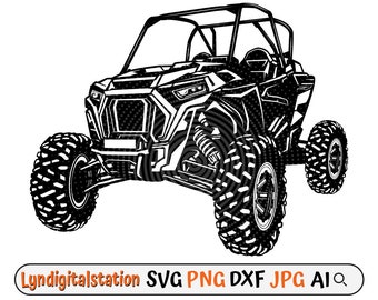 May include: Black and white line art illustration of a side-by-side off-road vehicle. The vehicle has a roll cage and large tires.