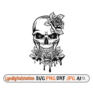 Skull Roses Svg | Skull with Dripping Roses Clipart | Skeleton Face Roses Cut File | Skull Stencil | Floral Skull T-shirt Design | Dxf | Png