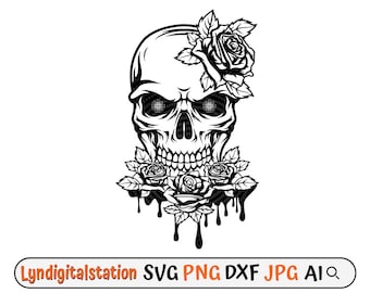 Skull Roses Svg | Skull with Dripping Roses Clipart | Skeleton Face Roses Cut File | Skull Stencil | Floral Skull T-shirt Design | Dxf | Png