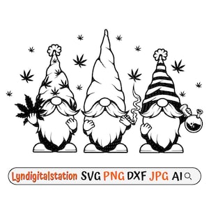 May include: Three gnomes with long white beards and red hats are standing side by side. The gnome on the left is holding a marijuana leaf. The gnome in the middle is holding a joint. The gnome on the right is holding a bong.