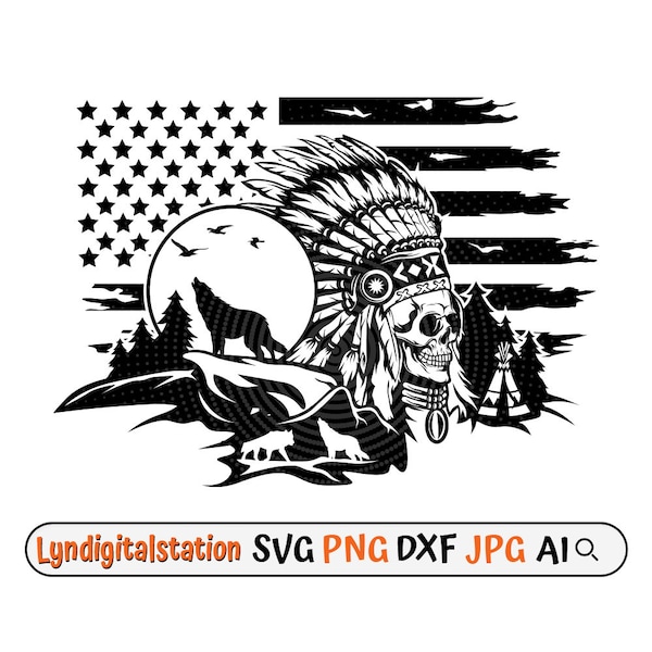 US Native American Skull Svg | Teepee Clipart | Howling Wolf Scene Cut File | Nature Scene Stencil | Native Tribe T-shirt Design | Dxf | Png