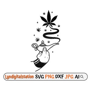 May include: A black and white illustration of a genie lamp with a cannabis leaf rising from the spout. The lamp is being held by a hand.