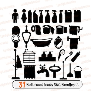 31 Bathroom Icon Bundles Svg | Comfort Room Tools Clipart | Toiletries Cut File | Urinal Stencil | Washroom Tshirt Design | Toilet Dxf | Png
