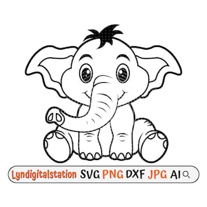 May include: A black and white line drawing of a cartoon elephant sitting with its trunk curled up. The elephant has large eyes and a small, pointed ear.