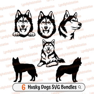 Husky Dogs Bundles Svg | Sled Dogs Clipart | Domestic Animal Cut File | Dog Breed Stencil | 6 Dogs T-shirt Design | Siberian Husky Dxf | Png