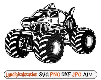 Monster Truck Shark  Svg | Off Road Vehicle Clipart | Big Truck Cut File | Oversized Tires Stencil | 4x4Shark Truck shirt Design | Dxf | Png