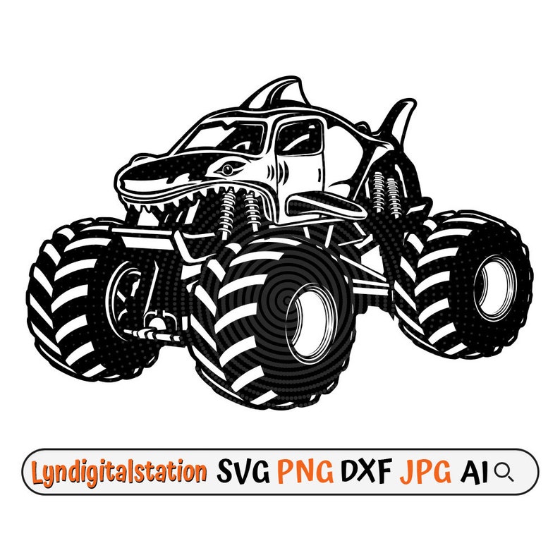 May include: Black and white illustration of a monster truck with a shark fin on the roof. The truck has large tires and a toothy grin.