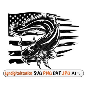 Puede incluir: Ilustración en blanco y negro de un pez gato saltando sobre una bandera estadounidense deteriorada. El pez gato está detallado con escamas y aletas. La bandera está desgarrada y tiene un aspecto desgastado.