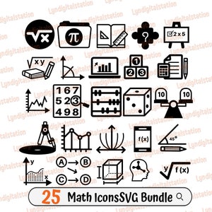 25 Math Icons Bundles Svg | Mathematics Clipart | Algebra Cut File | Geometry Stencil | Angle T-shirt Design | Equation Dxf | Dimension Png