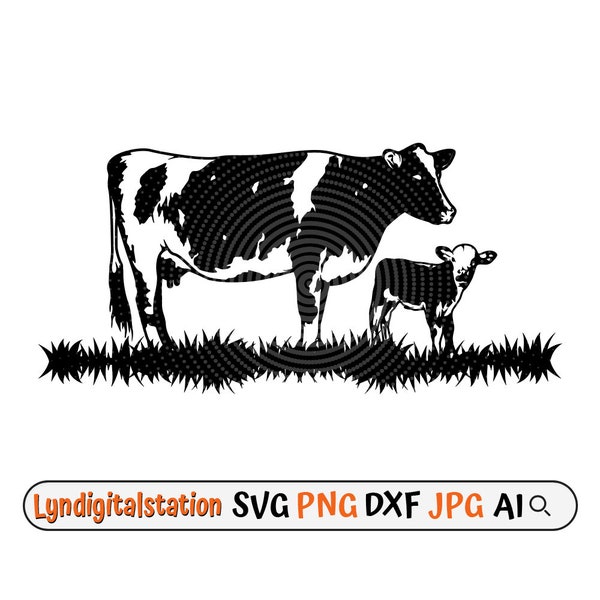 Cow & Calf Svg | Calf Clipart | Cattle Cut File | Domestic Animal Stencil | Dairy Cattle  T-shirt Design | Heifers Dxf | Farm Animal Png
