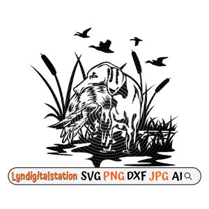Duck hunting svg, labrador retriever clipart, adventure stencil, outdoor camp scene cut file, hunter dog shirt png, lake view t-shirt design