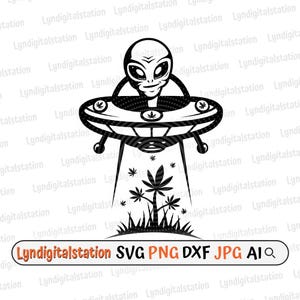 May include: Black and white illustration of a UFO with a smiling alien inside. The UFO is beaming down a beam of light onto a marijuana plant with leaves.