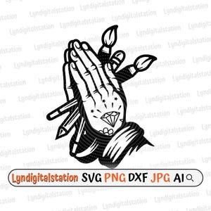 May include: Black and white graphic featuring a hand holding paintbrushes and pencils, with a diamond tattoo and stars. The image includes the text "Lyndigitalstation SVG PNG DXF JPG AIQ".