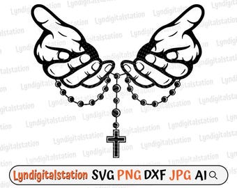 Hand with Rosary Svg | Praying Hands Clipart | Holy Rosary Cut File | Religion Stencil | Prayer Warrior Hands shirt Design | Beads Dxf | Png