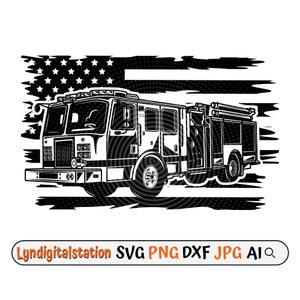May include: Black and white illustration of a fire truck in front of an American flag. The fire truck has a ladder and hoses on the back. The flag is distressed and has a grunge effect.