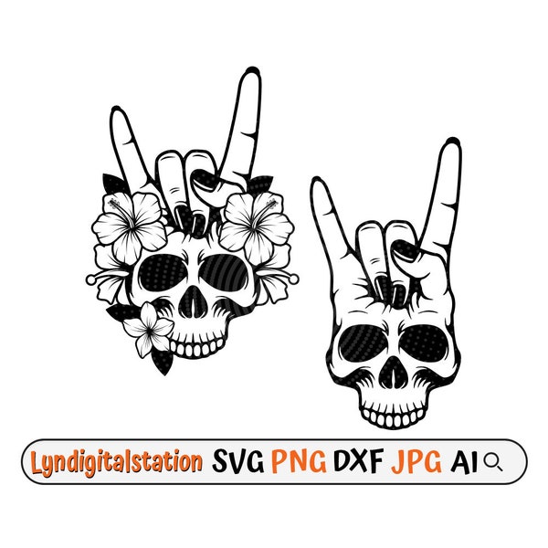 Rocker Skull Svg / Floral Hand Sign Skull Clipart / Hand Sign Cut File / Rock n Roll Stencil / Hand with Skull T-shirt Design / Dxf / Png