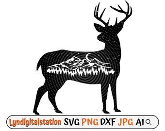 Herten Scène Svg | Herten clipart | Bergherten gesneden bestand | Bos dieren stencil | Herten Natuur T-shirt Design | Herten Dxf | Natuur Scène Png