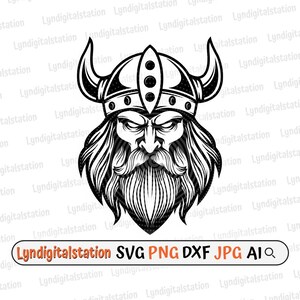 May include: Black and white illustration of a Viking warrior with a horned helmet, long beard, and stern expression. The image includes the text "Lyndigitalstation" and file type options: SVG, PNG, DXF, JPG, and AI.