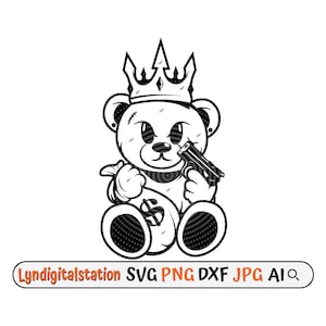 Orso con pistola Svg / Bear Robber Clipart / King Thief con Gun Cut File / King Robber Stencil / Teddy T-shirt Design / Money Bag Dxf / Png