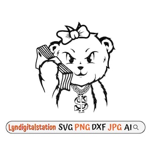 Teddy Bear Svg / Lady Teddy Robber Clipart / Money Bag Cut File / Teddy in Dollar Sunglass Stencil / Gangster T-shirt Design / Dxf / Png