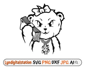 Teddy Bear Svg / Lady Teddy Robber Clipart / Money Bag Cut File / Teddy in Dollar Sunglass Stencil / Gangster T-shirt Design / Dxf / Png