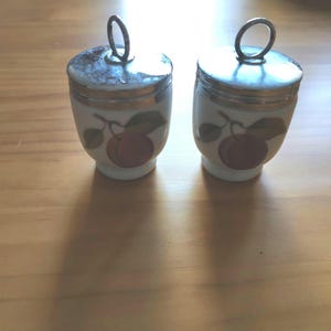 Royal Worcester &#39;Evesham Peach and Blackberries&#39; pair of Egg Coddlers