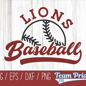 May include: Red and black baseball themed graphic with the text "Lions Baseball" in a red script font. The graphic features a baseball with black stitching.