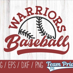 May include: Red and black baseball themed graphic with the text "Warriors Baseball" in a red script font. The graphic includes a black baseball with white stitching.