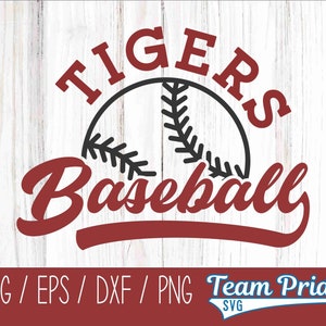 May include: Red and black baseball themed graphic with the text "Tigers Baseball" in a red script font. The graphic includes a black baseball with white stitching.