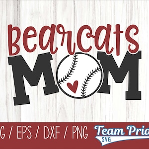 May include: A graphic design featuring the words "Bearcats MOM" in a bold font. The word "Bearcats" is in red, and "MOM" is in black, with a baseball in the center. The baseball has a red heart and stitching details. The background is a light wood grain.