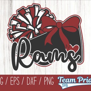 May include: A black and red cheerleading megaphone with a white and red pom-pom and the word "Rams" in black. The megaphone has a red bow and a heart shape on the side. The text "Team Pride SVG" is in the bottom right corner.