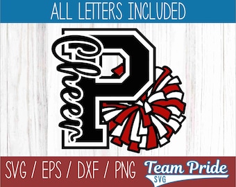 Può includere: Grafica di cheerleading in bianco e nero con la lettera "P" e la parola "Cheer" in un font corsivo. Un pompon rosso e bianco è accanto alla lettera. Il testo "Team Pride" è nella parte inferiore dell'immagine.